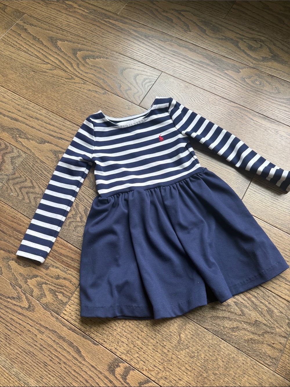 Ralph Lauren Navy, White & Red Striped Long-Sleeve Knit Dress 3T GUC